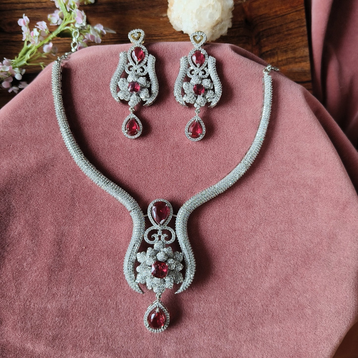 Bridal Red Stone Necklace & Earrings Set – Silver Finish with CZ Detailing