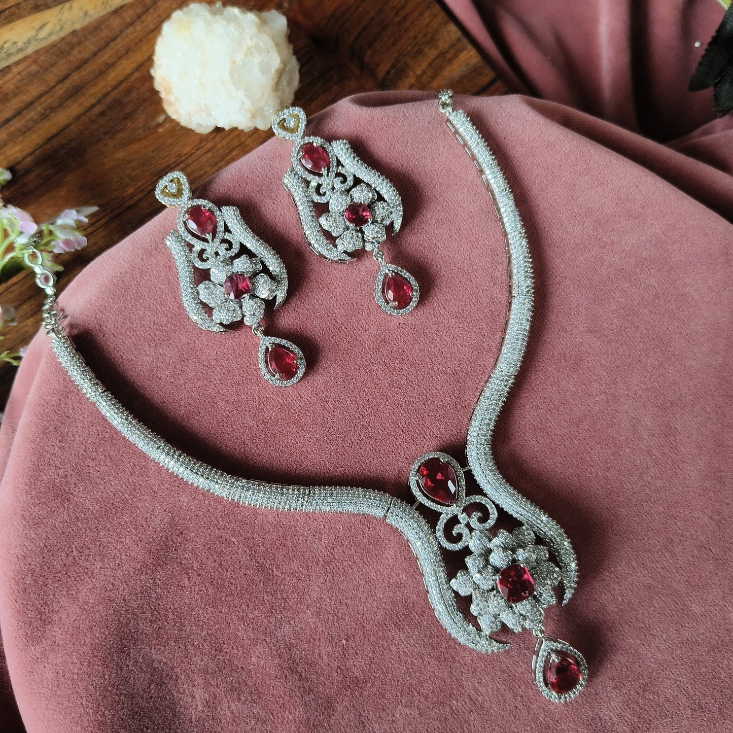 Bridal Red Stone Necklace & Earrings Set – Silver Finish with CZ Detailing