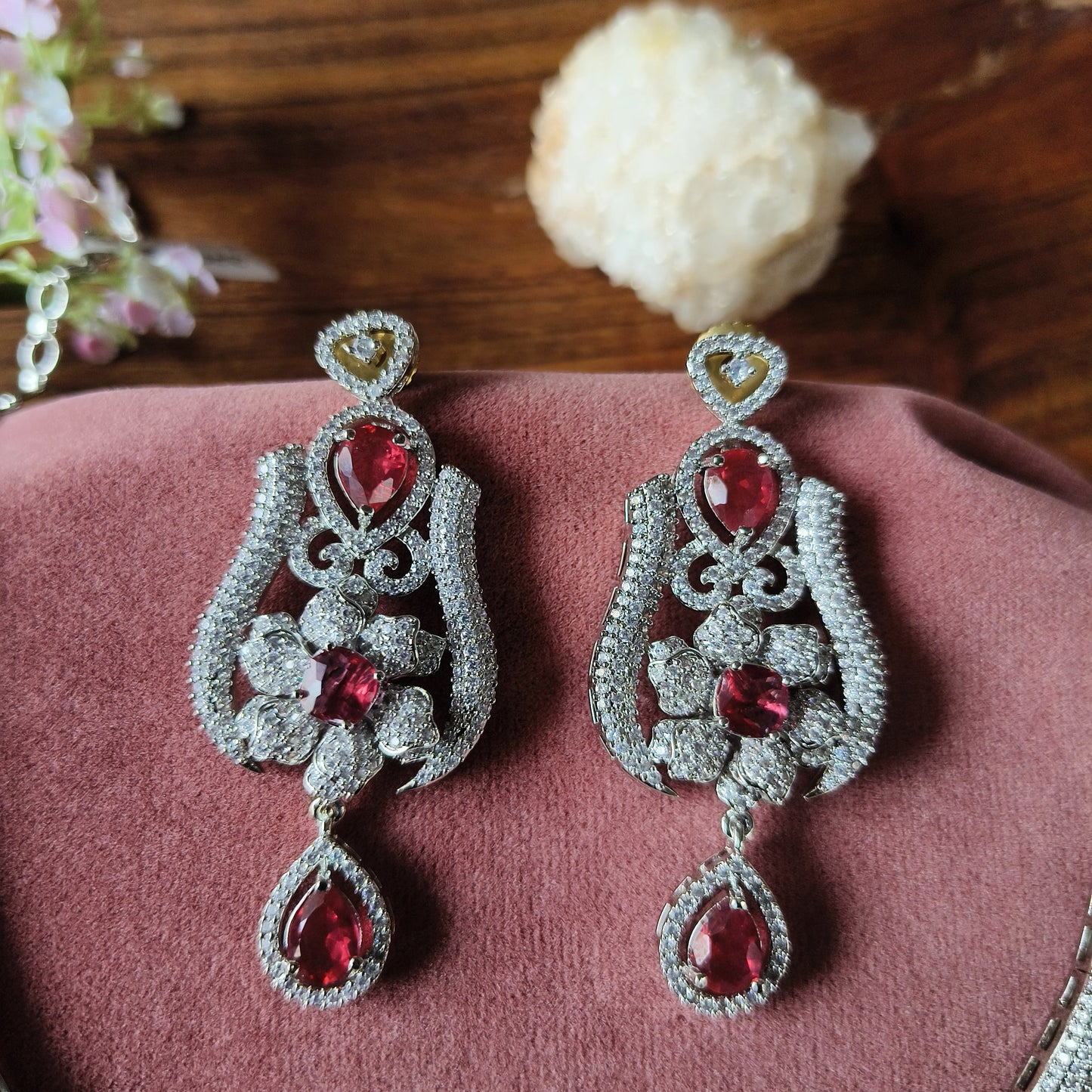 Bridal Red Stone Necklace & Earrings Set – Silver Finish with CZ Detailing