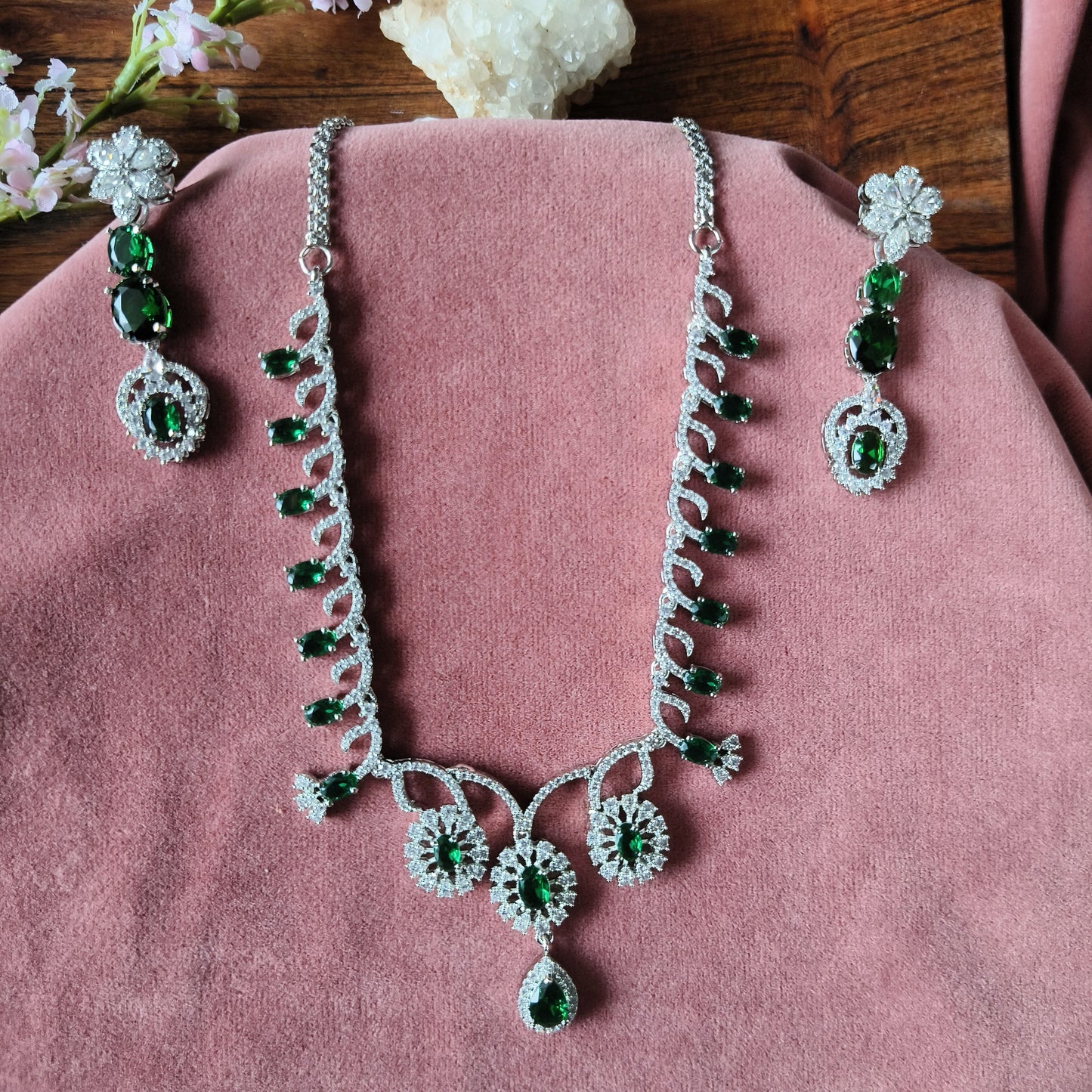 Green Emerald-Cut Stone Necklace Set with CZ Diamonds – Bridal & Party Wear Jewelry