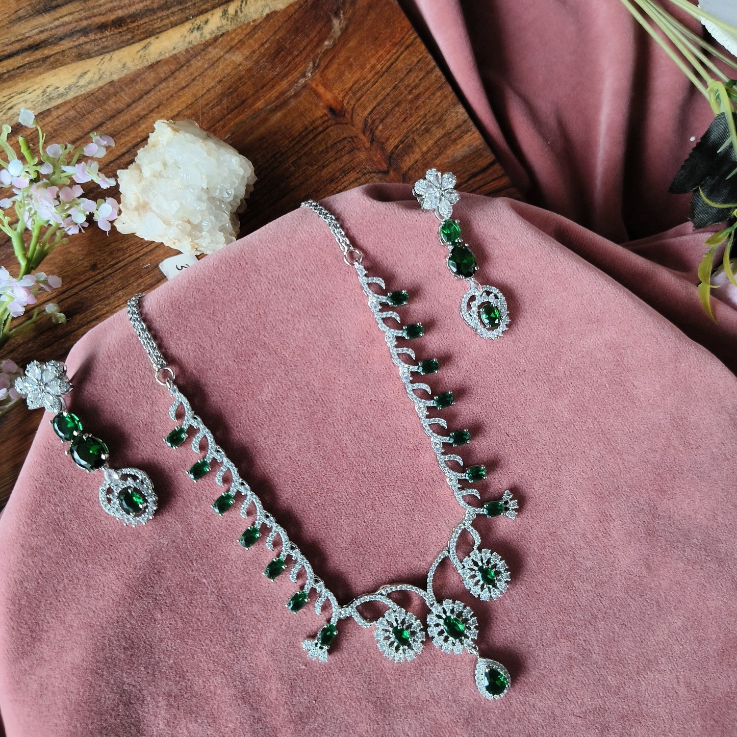 Green Emerald-Cut Stone Necklace Set with CZ Diamonds – Bridal & Party Wear Jewelry