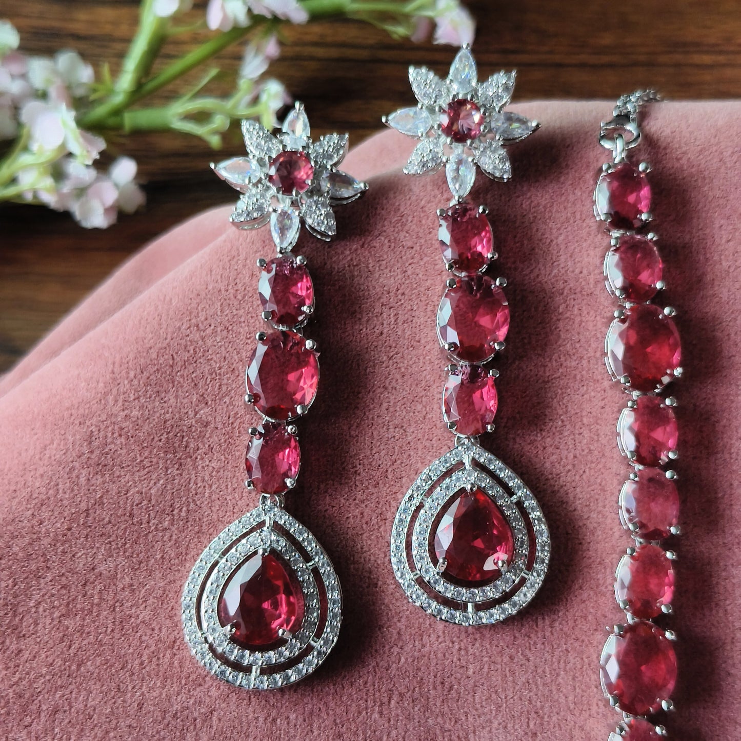 Ruby Red Crystal Necklace & Earrings Set – Elegant Silver-Tone Bridal Jewellery