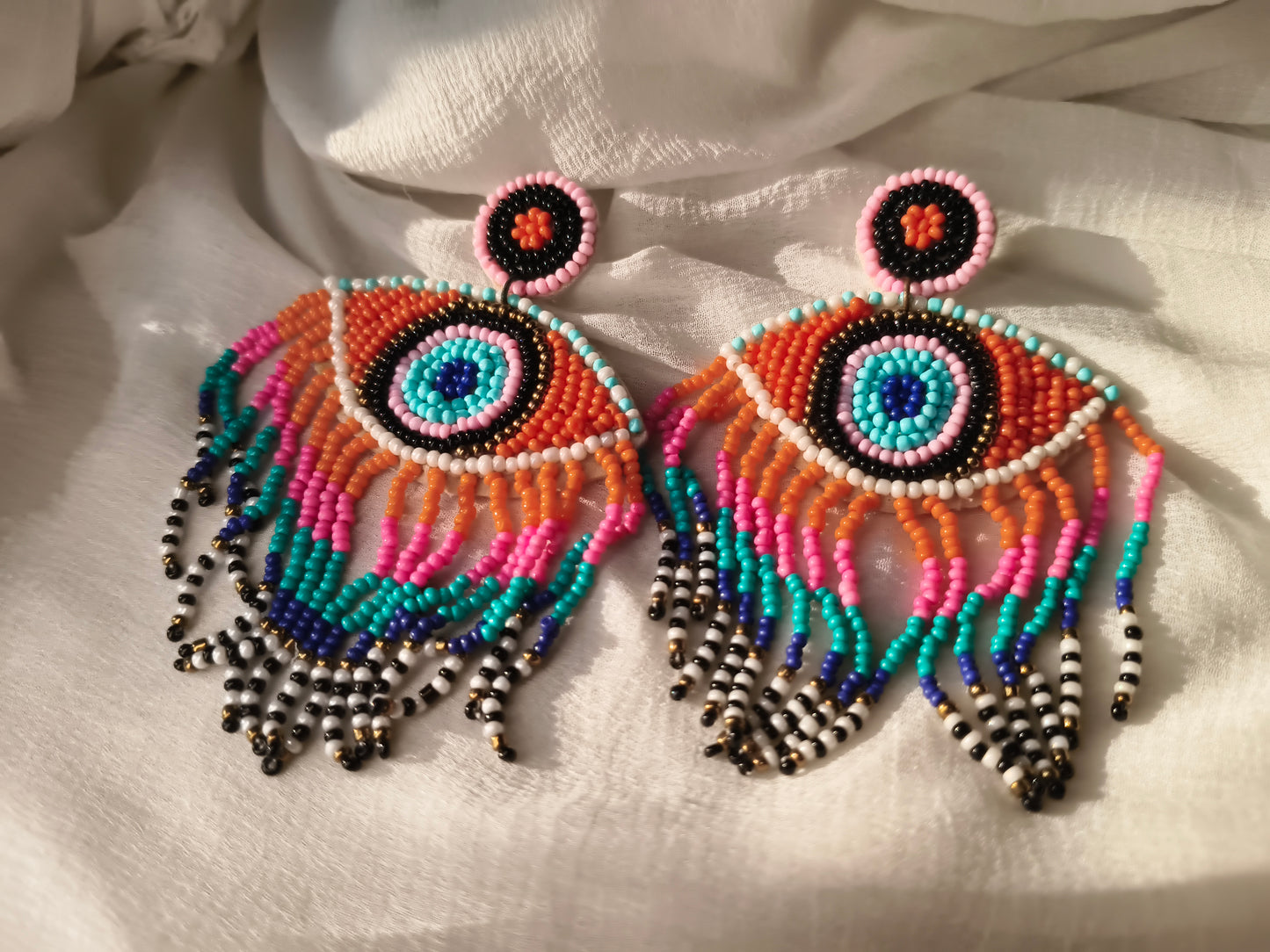 Handmade Beaded Evil Eye Earrings – Boho Statement Jewellery