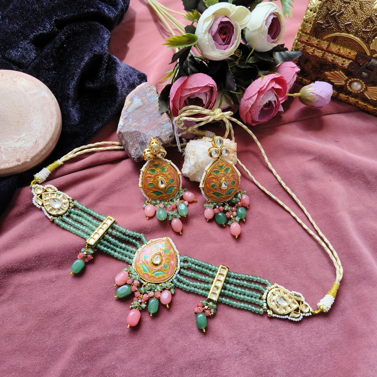 Handcrafted Mehka Gulnaar Green & Pink Enamel Necklace Set | Kundan Meenakari Jewellery for Women