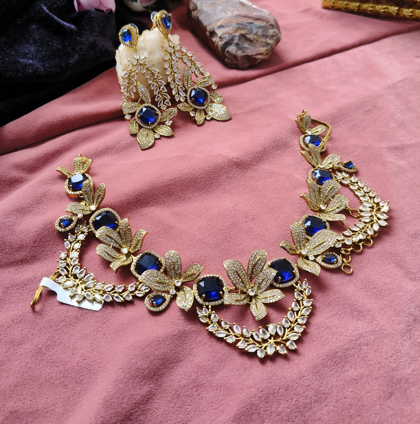 Midnight Bloom Floral Necklace Set | Blue Stone Designer Jewellery for Brides & Parties