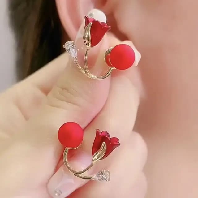 Elegant Red Rosebud Wrap Earrings – Floral Charm