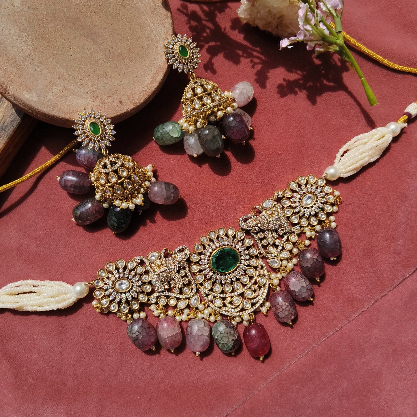 Royal Polki Choker Set with Beaded Drops & Green Centerpiece