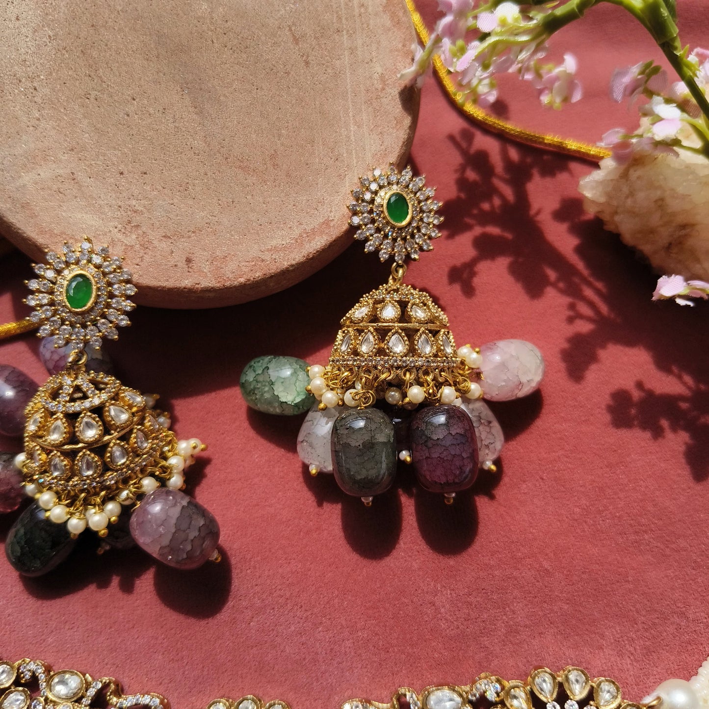 Royal Polki Choker Set with Beaded Drops & Green Centerpiece