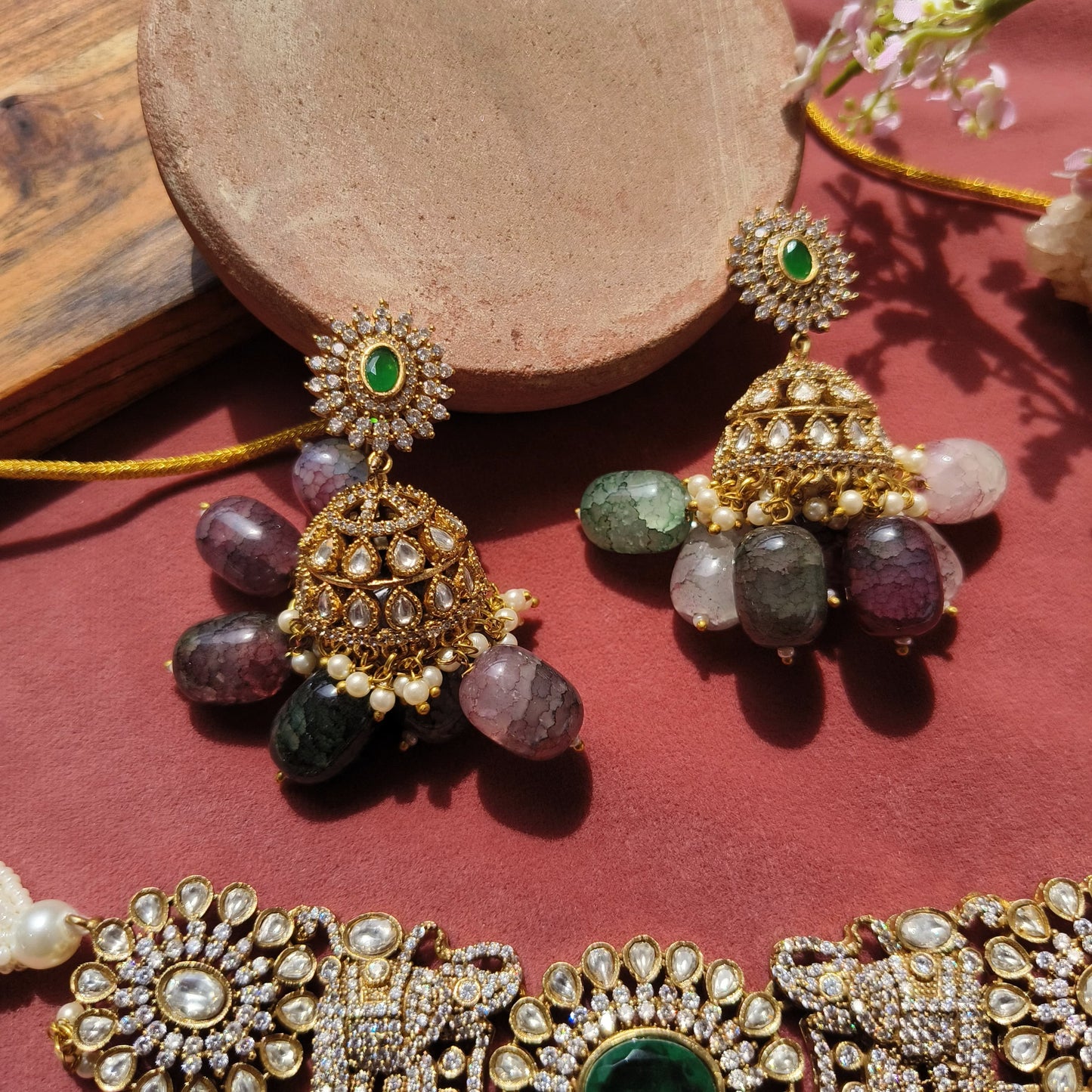 Royal Polki Choker Set with Beaded Drops & Green Centerpiece