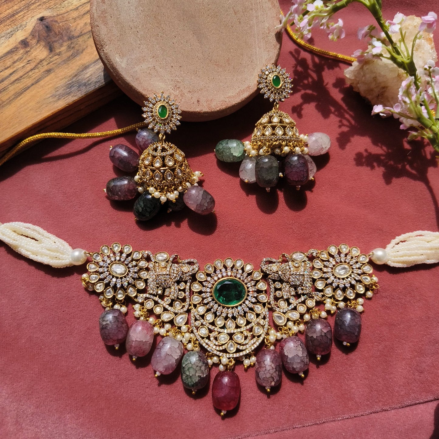 Royal Polki Choker Set with Beaded Drops & Green Centerpiece