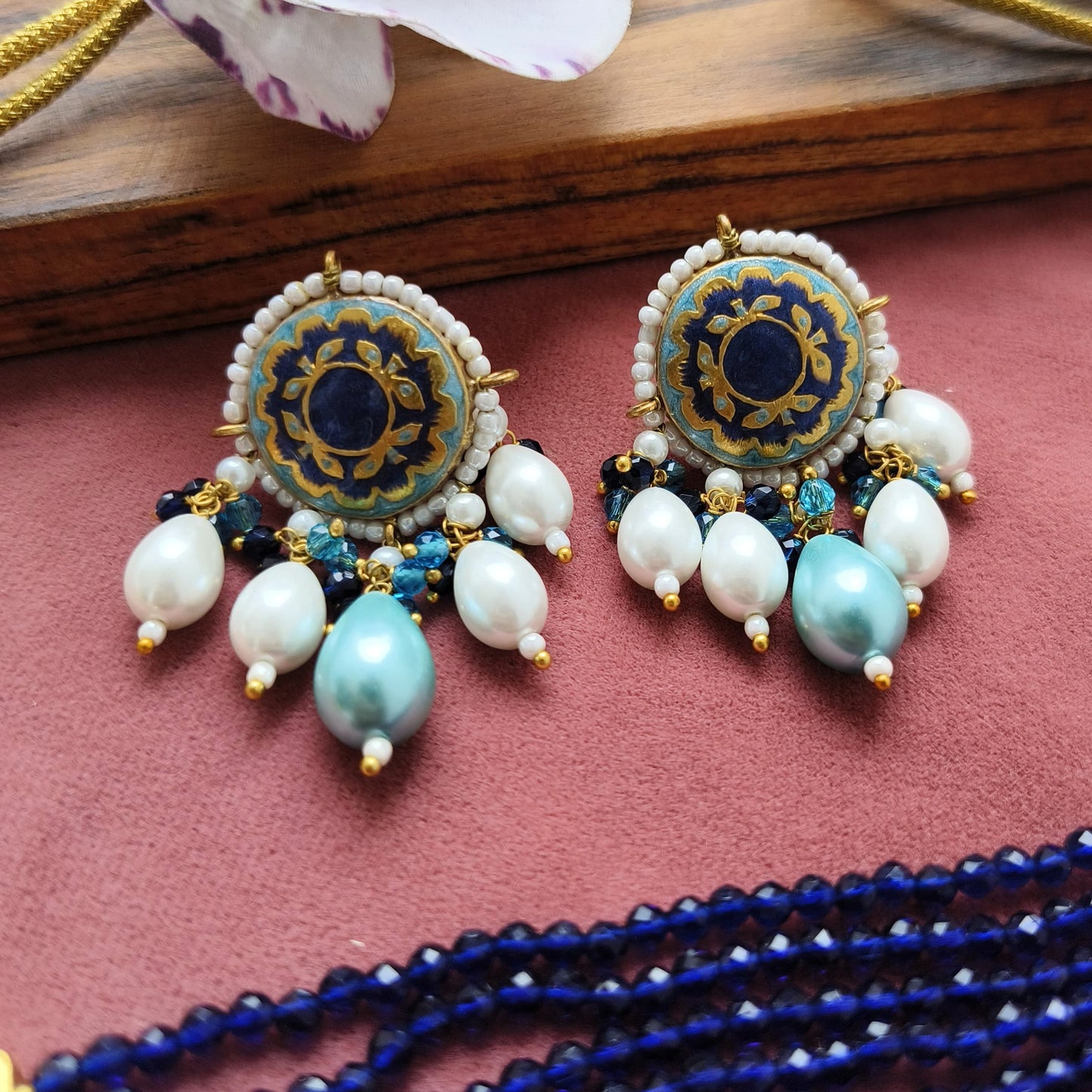 Royal Blue Meenakari Pearl Drop Choker Necklace Set