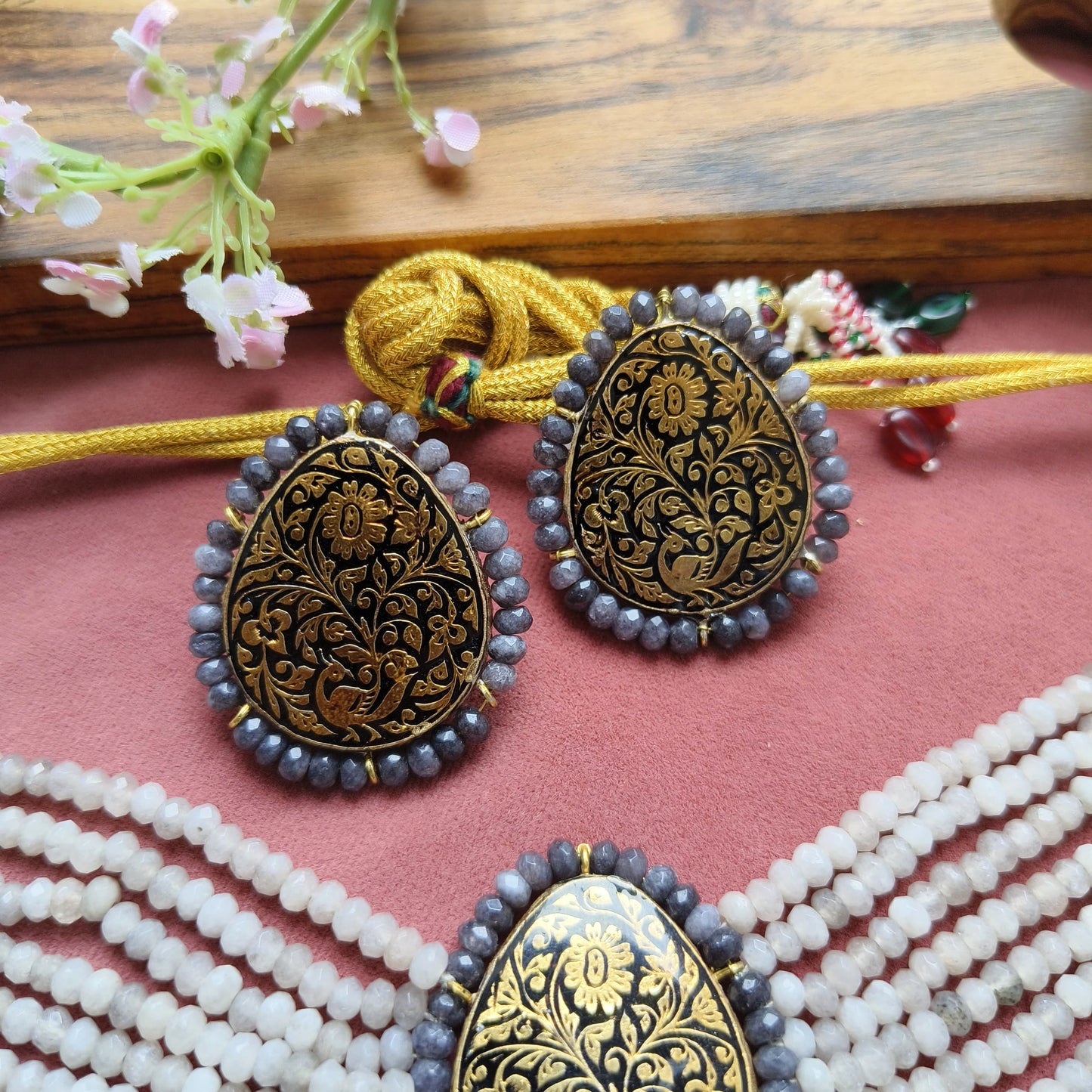 Antique Black Meenakari Pendant Choker Set with White Crystal Beads