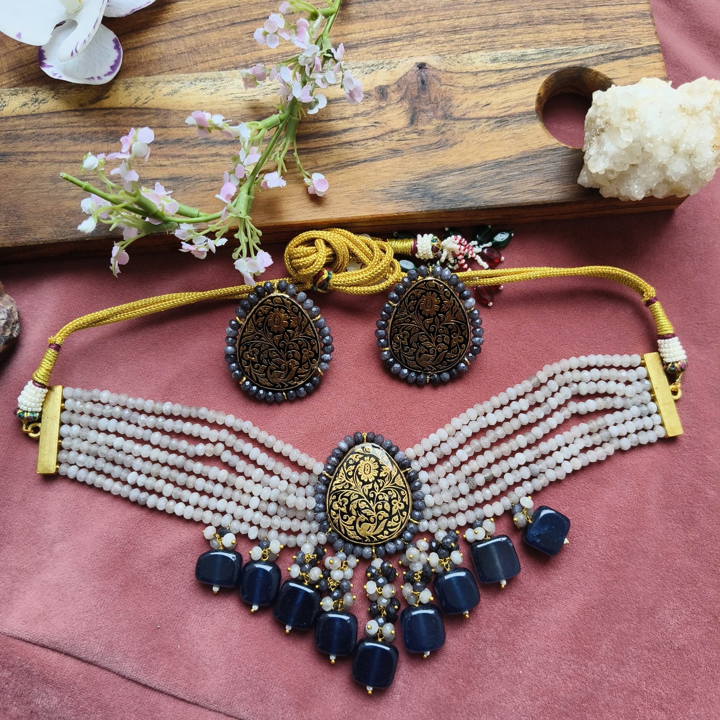 Antique Black Meenakari Pendant Choker Set with White Crystal Beads
