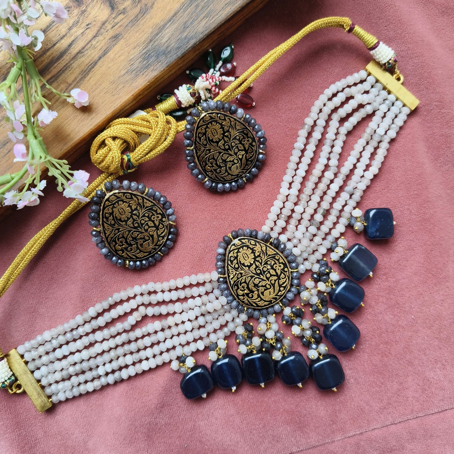 Antique Black Meenakari Pendant Choker Set with White Crystal Beads