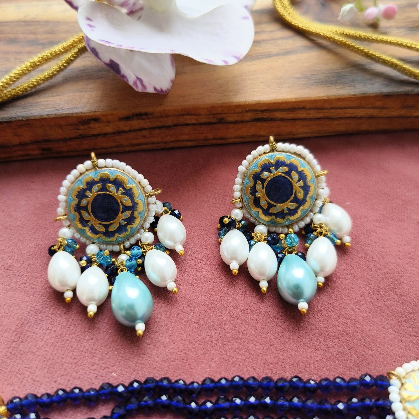 Royal Blue Meenakari Pearl Drop Choker Necklace Set