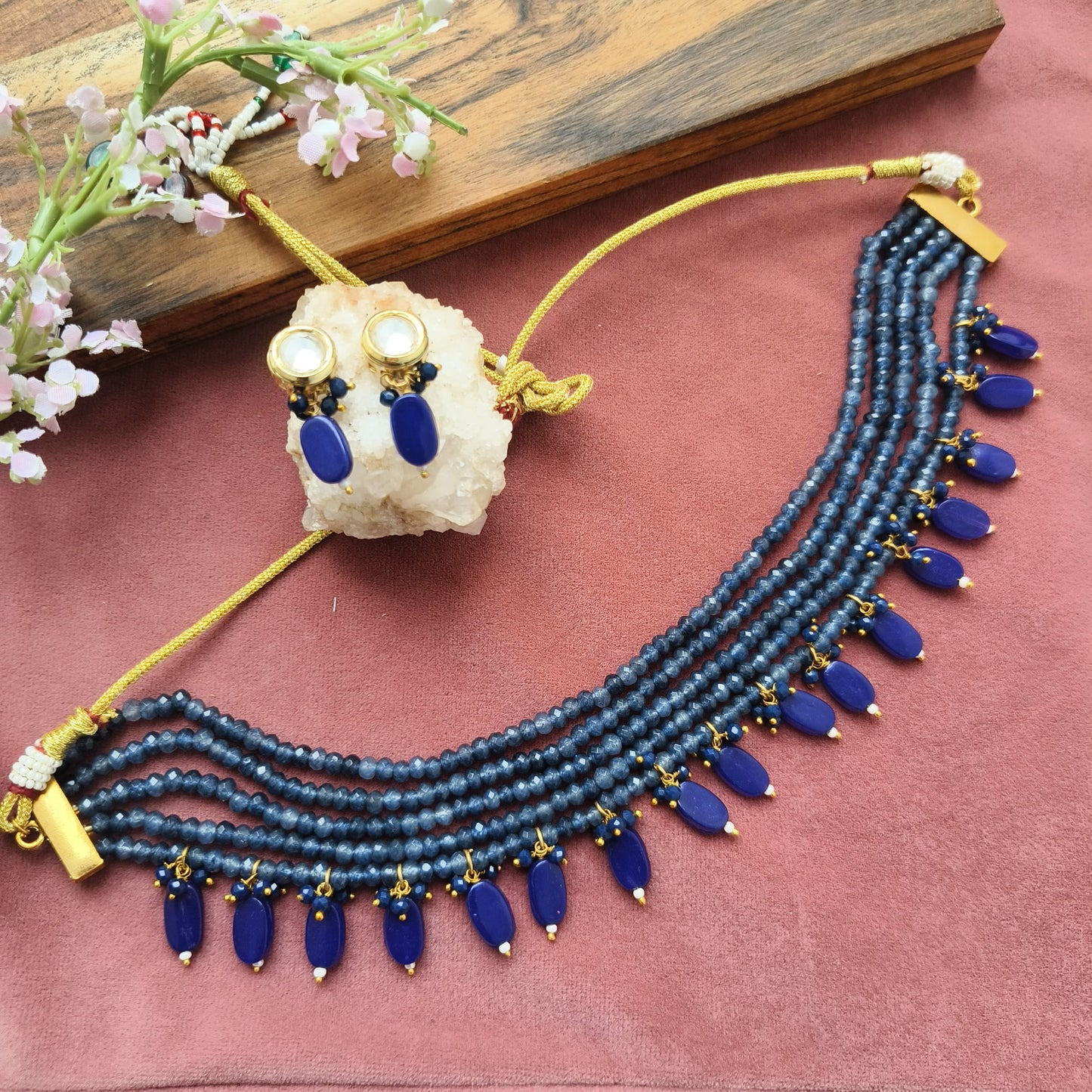 Royal Blue Beaded Choker Set with Drop Earrings