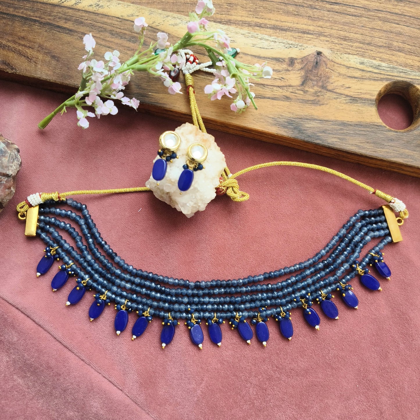 Royal Blue Beaded Choker Set with Drop Earrings