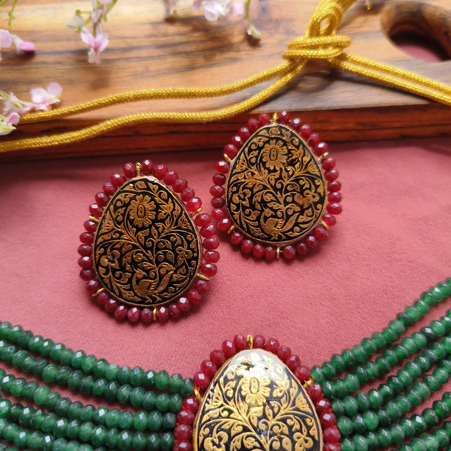 Royal Green & Maroon Meenakari Beaded Choker Necklace Set