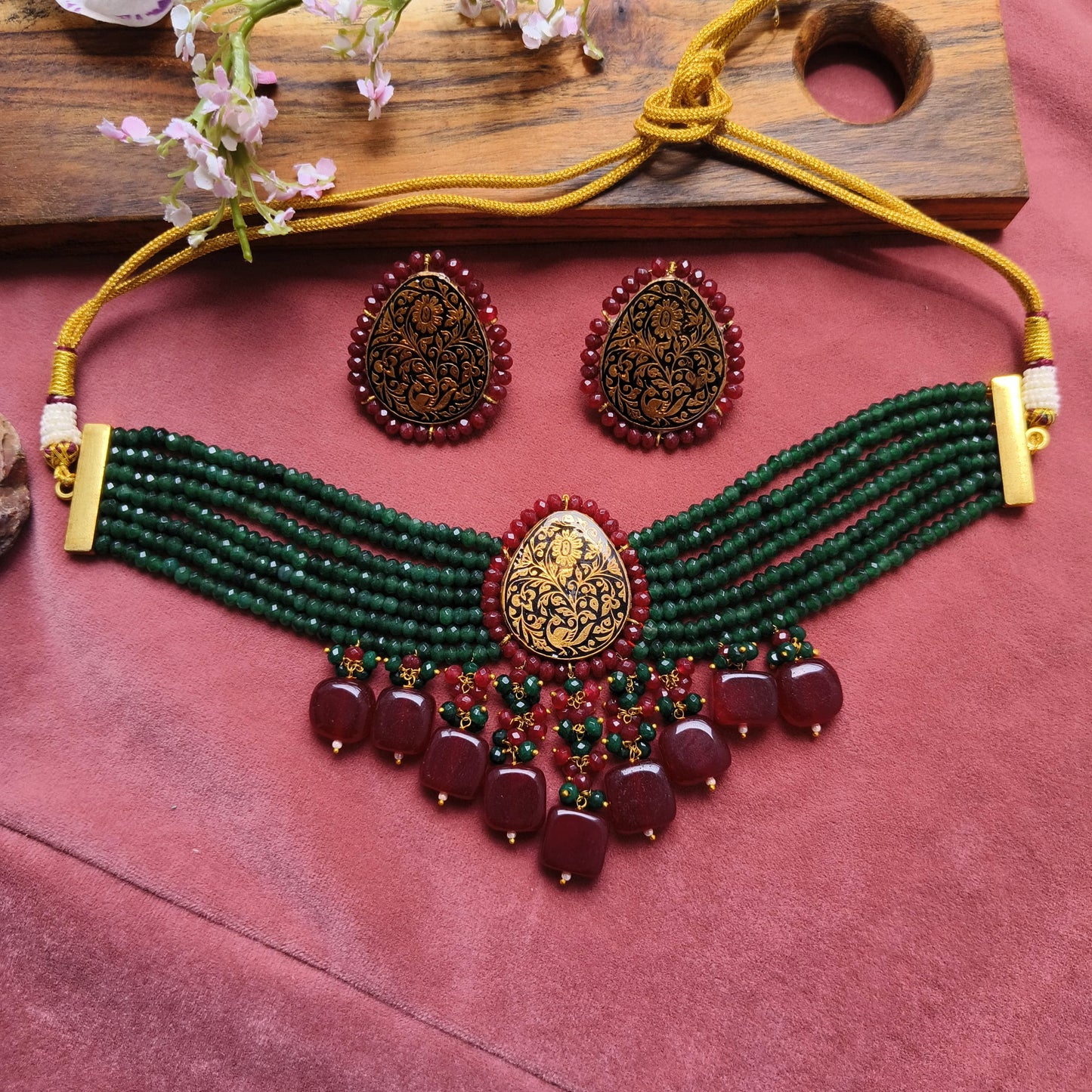 Royal Green & Maroon Meenakari Beaded Choker Necklace Set
