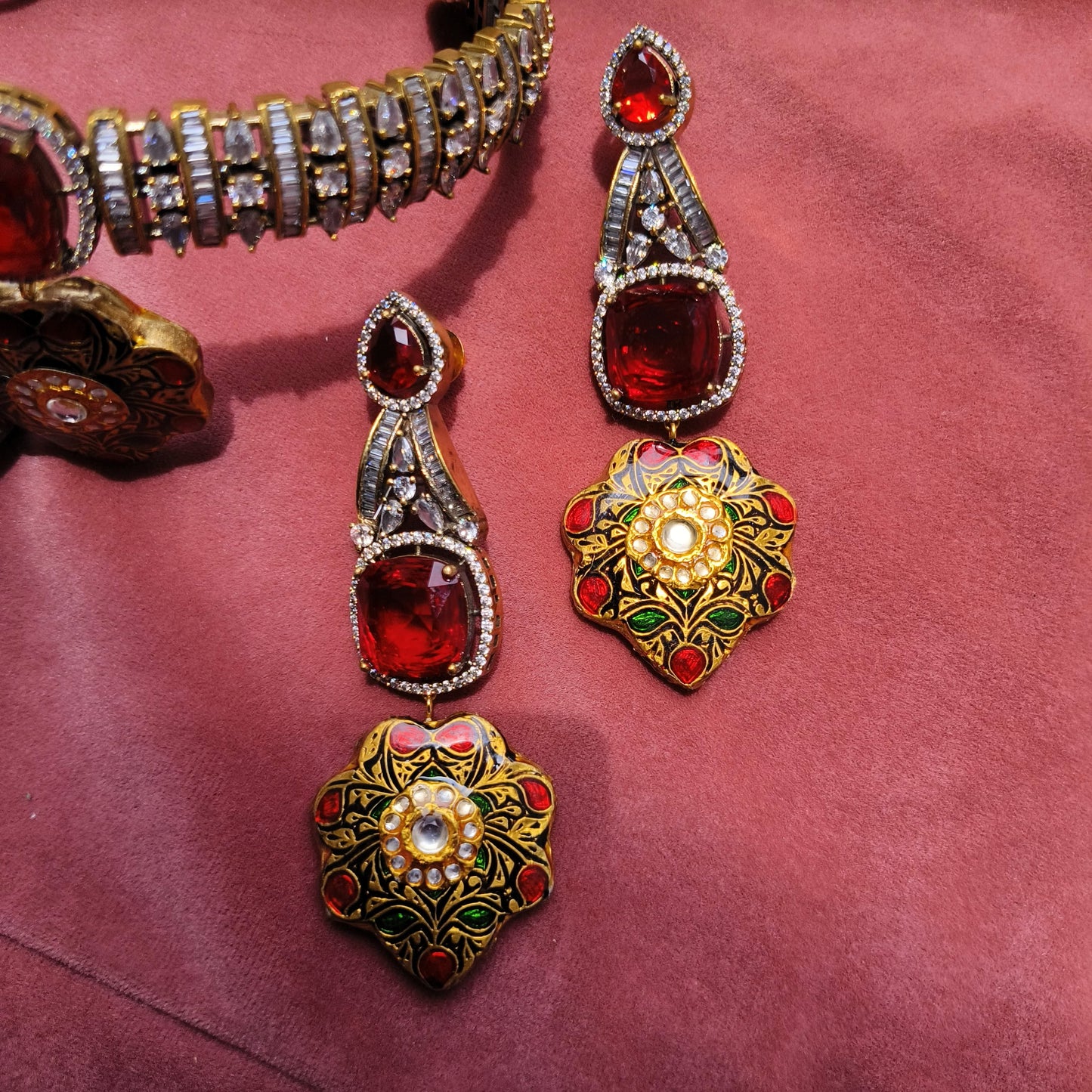 Royal Red Kundan Choker Set with Earrings & Meenakari Pendant