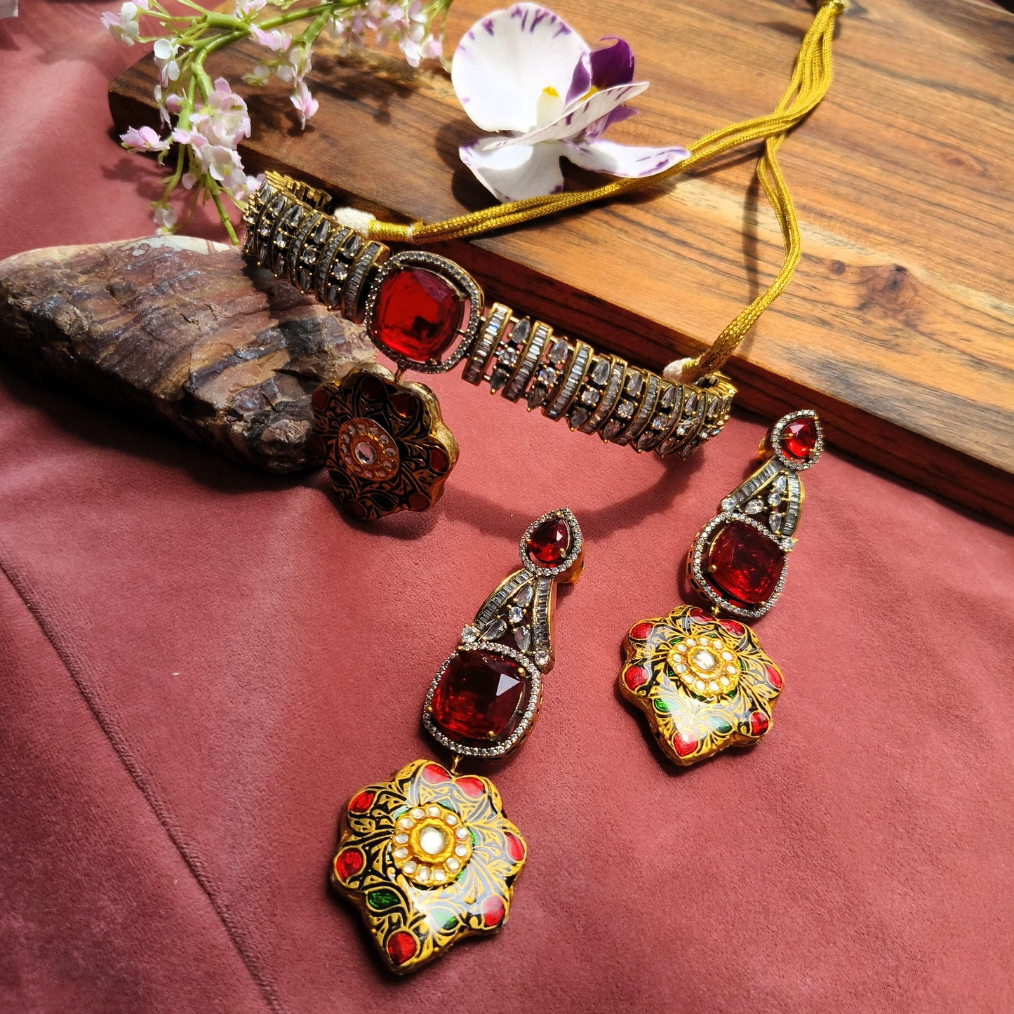 Royal Red Kundan Choker Set with Earrings & Meenakari Pendant