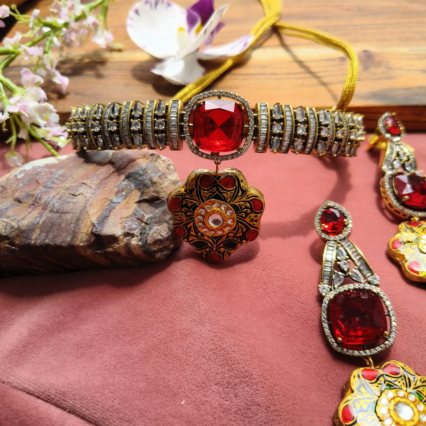 Royal Red Kundan Choker Set with Earrings & Meenakari Pendant