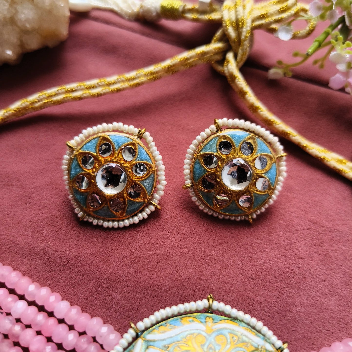 Pink Beaded Choker Set with Green Meenakari Pendant & Stud Earrings