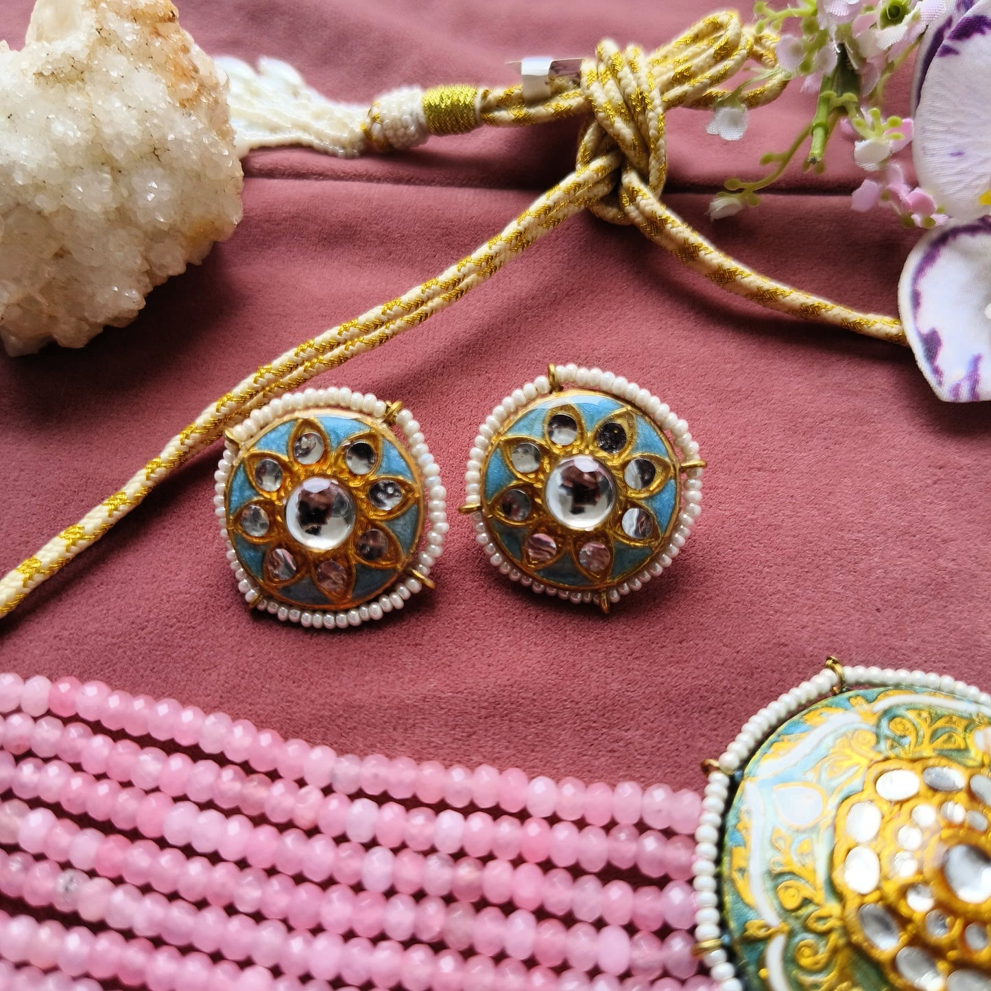 Pink Beaded Choker Set with Green Meenakari Pendant & Stud Earrings