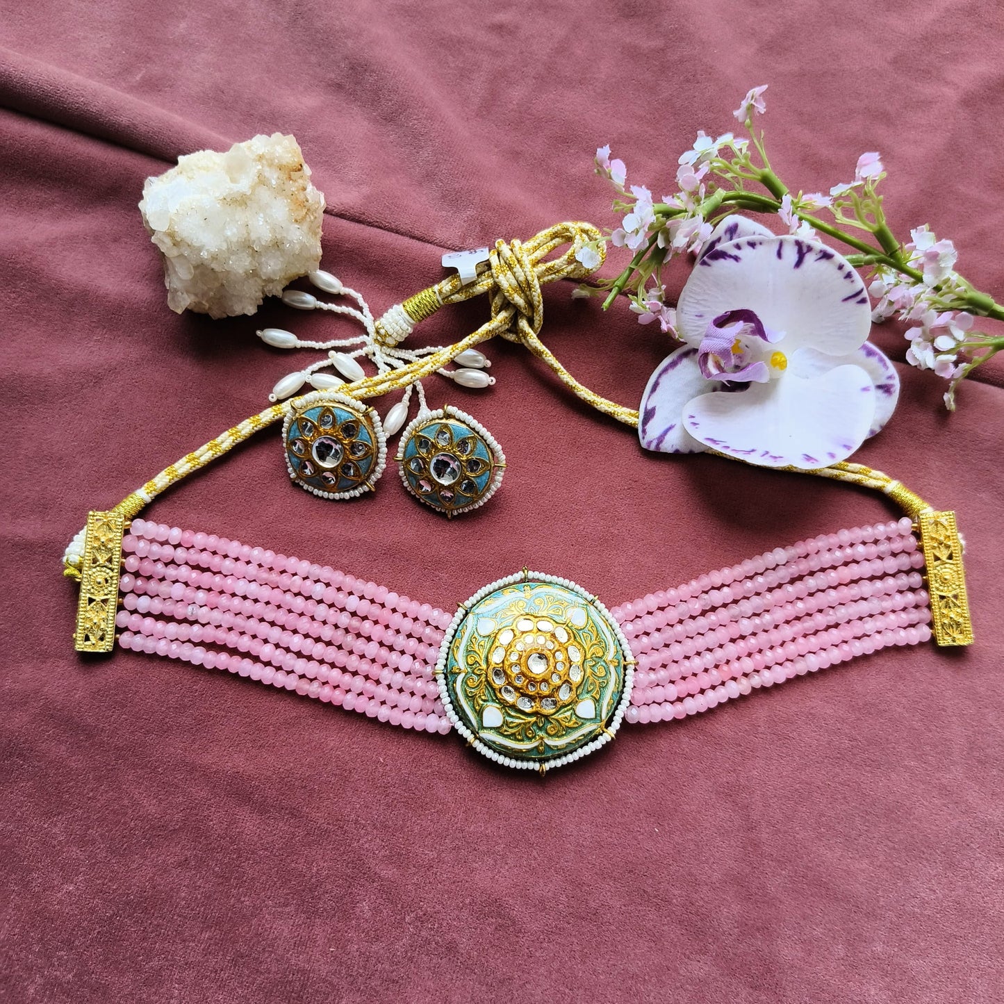 Pink Beaded Choker Set with Green Meenakari Pendant & Stud Earrings