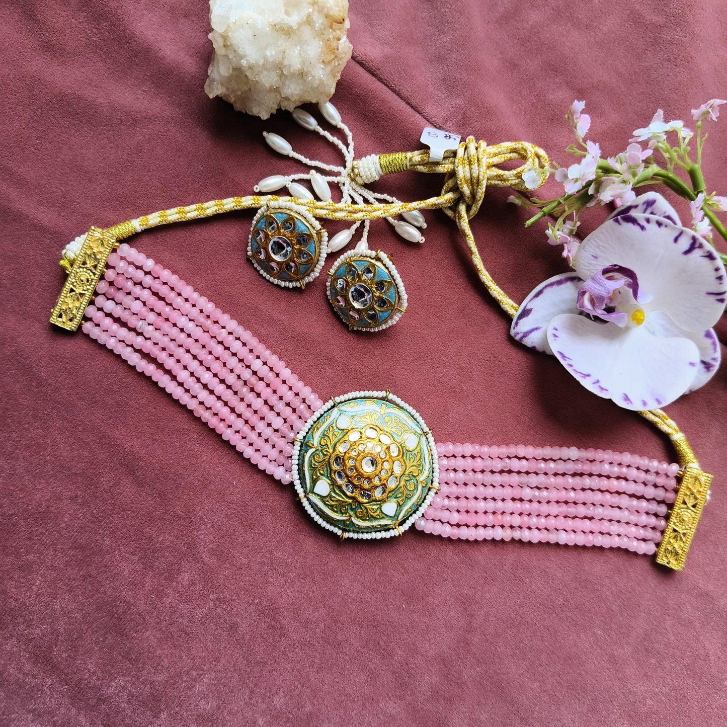 Pink Beaded Choker Set with Green Meenakari Pendant & Stud Earrings