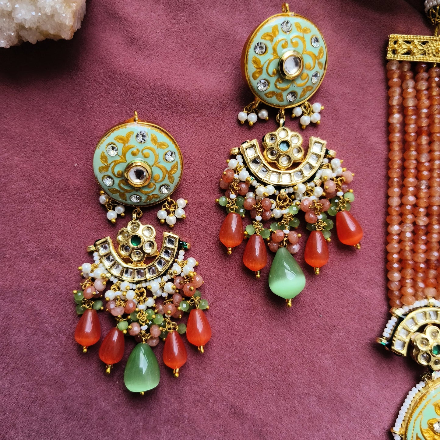 Orange Beaded Meenakari Necklace Set with Kundan & Droplet Earrings