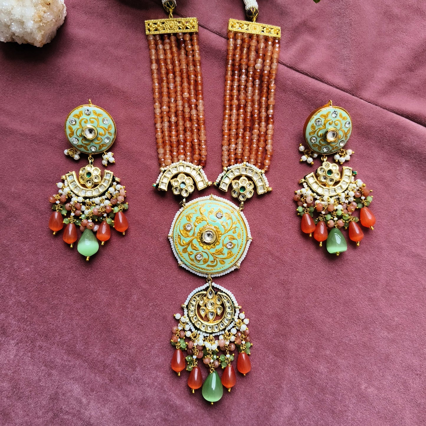 Orange Beaded Meenakari Necklace Set with Kundan & Droplet Earrings
