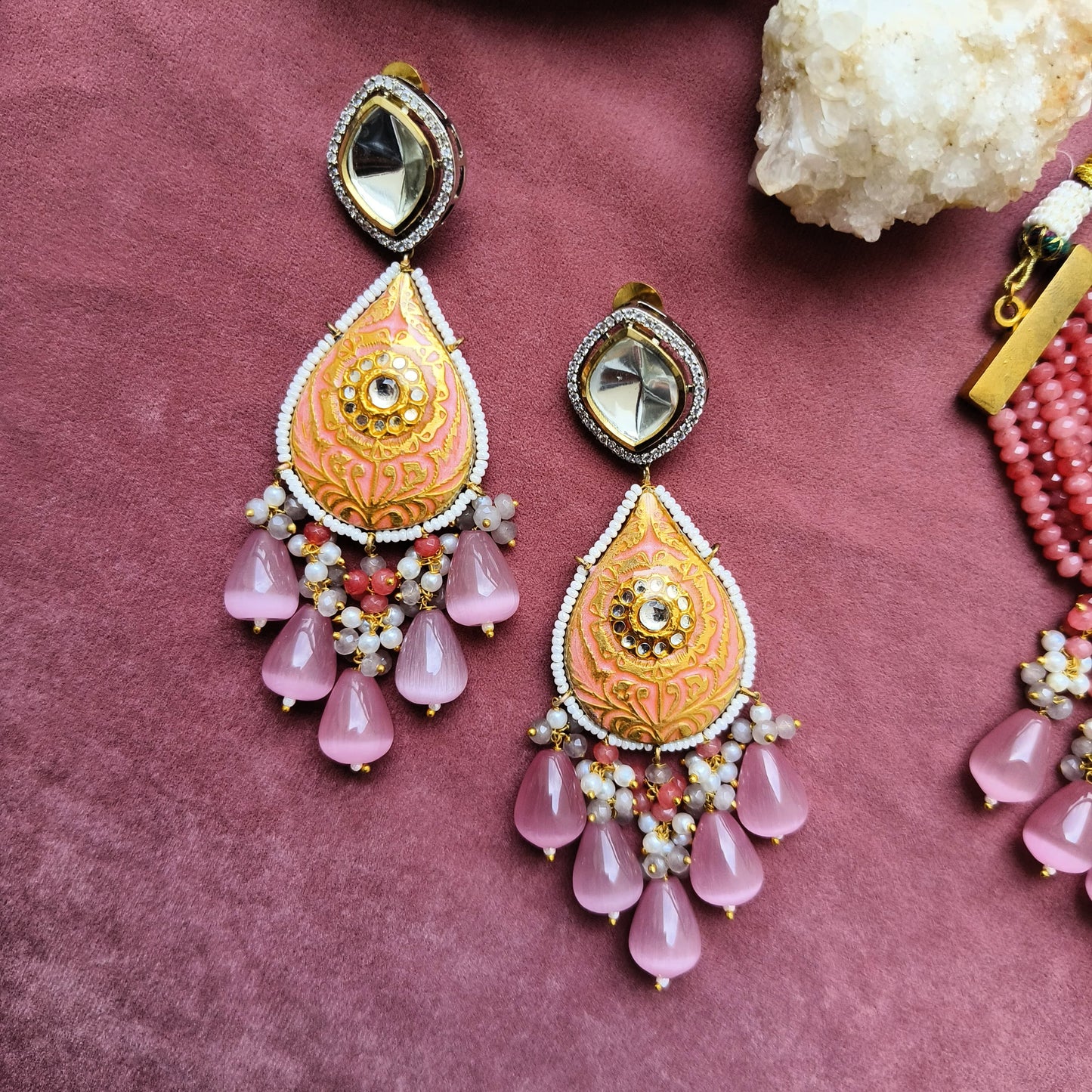 Pink Kundan Bridal Necklace Set with Meenakari and Drop Beads