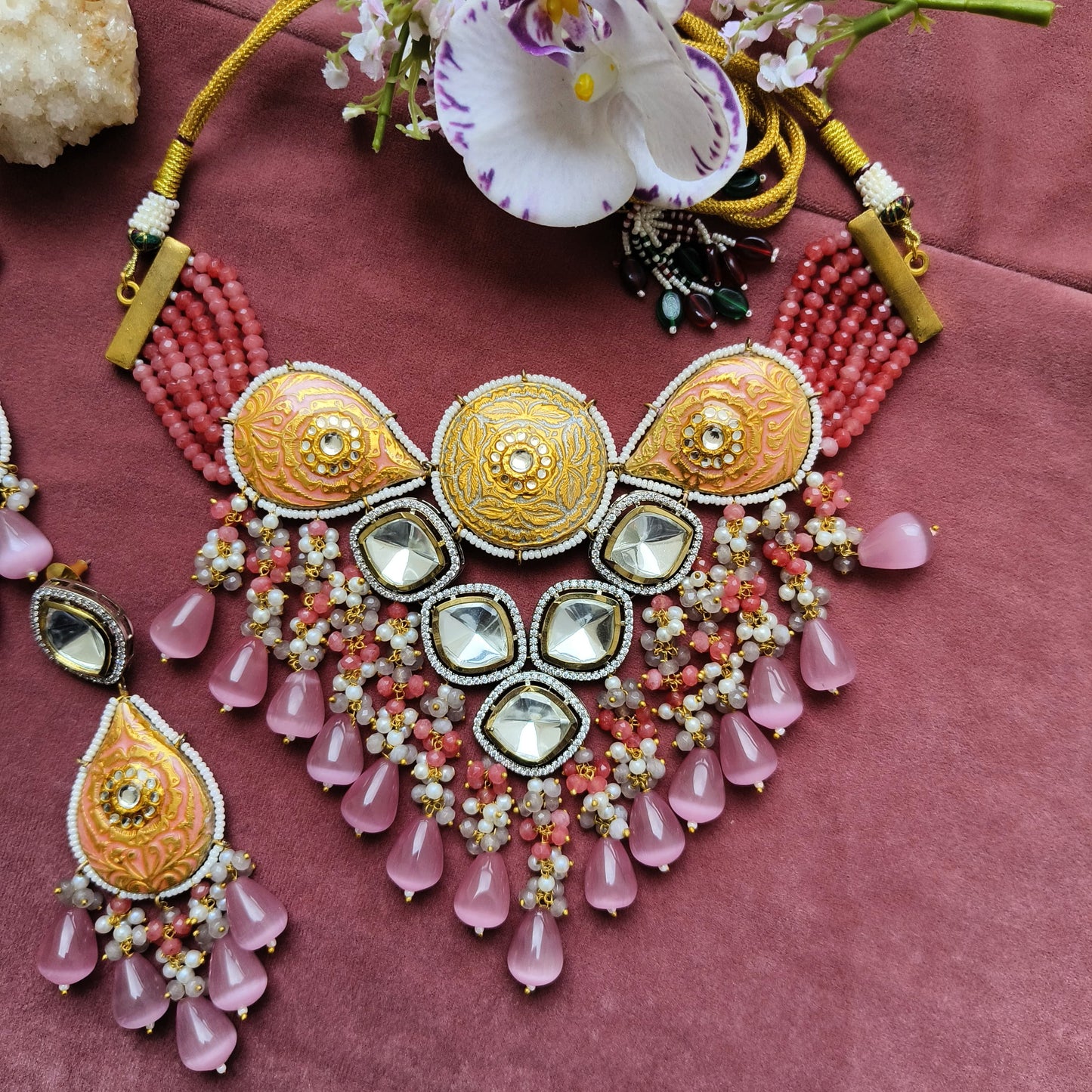 Pink Kundan Bridal Necklace Set with Meenakari and Drop Beads