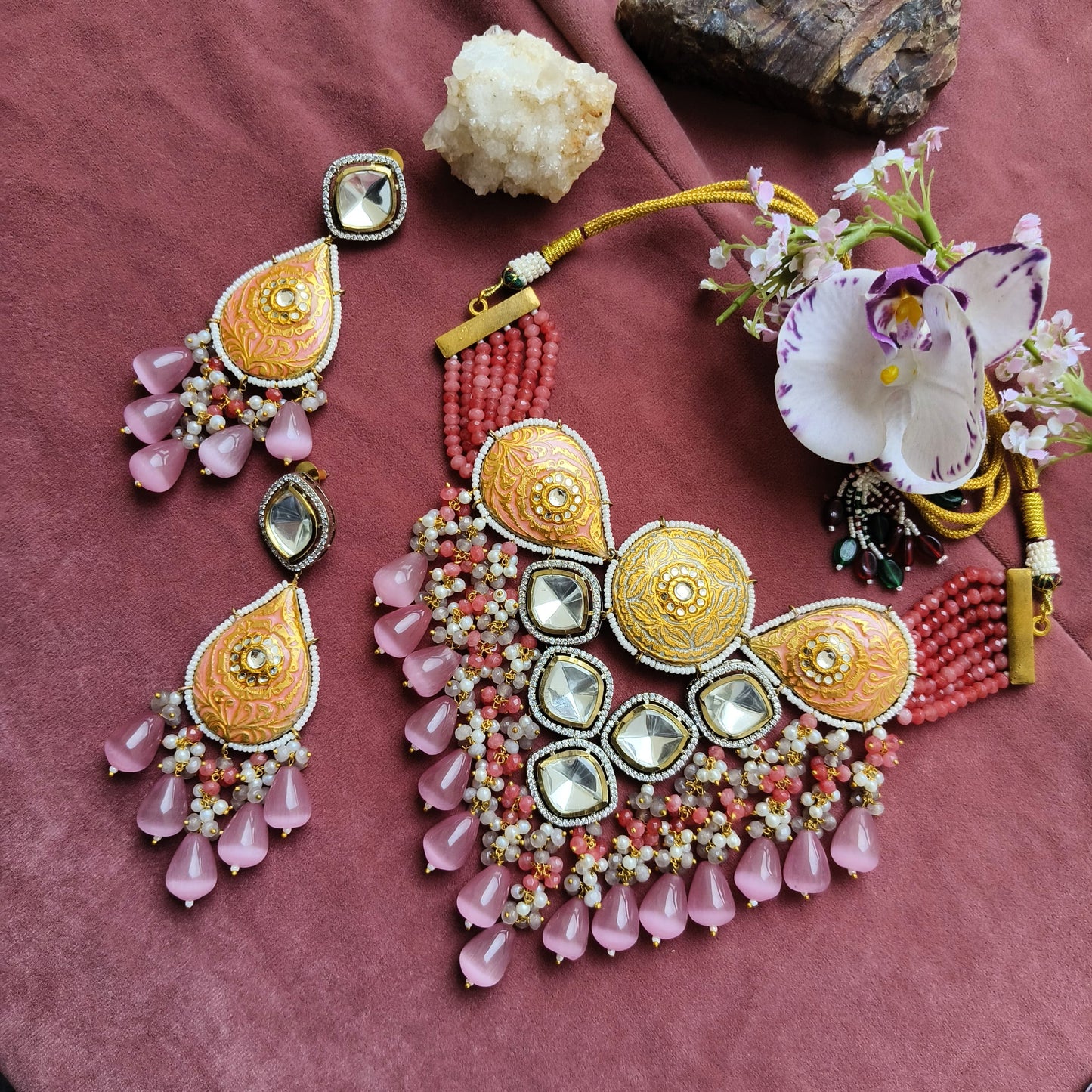 Pink Kundan Bridal Necklace Set with Meenakari and Drop Beads