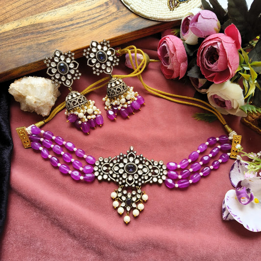 Royal Amethyst Kundan Choker Set | Purple Beaded Bridal Jewellery with Earrings