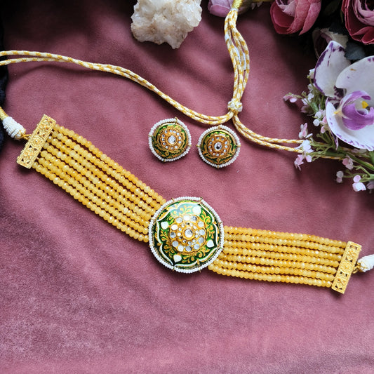 Sunrise Enamel Kundan Choker Set | Yellow Beaded Meenakari Necklace with Earrings
