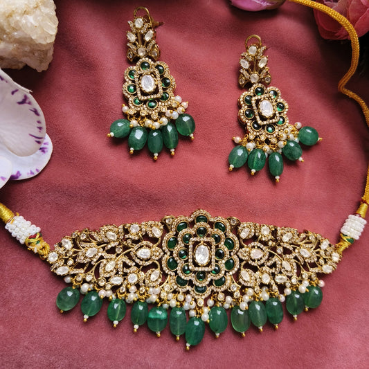 Emerald Royalty Kundan Choker Set | Green Stone Bridal Necklace with Earrings