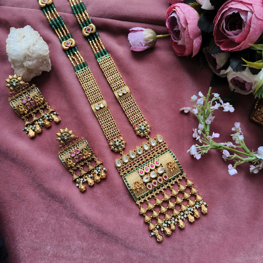 Antique Temple Haram Necklace Set with Lakshmi Motifs | Bridal Jewellery Online