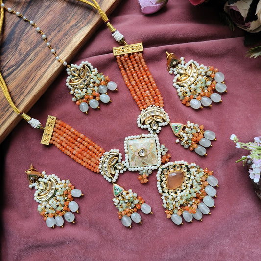 Orange Beaded Traditional Necklace Set with Jadau Work | Temple Jewellery Set for Festive Wear