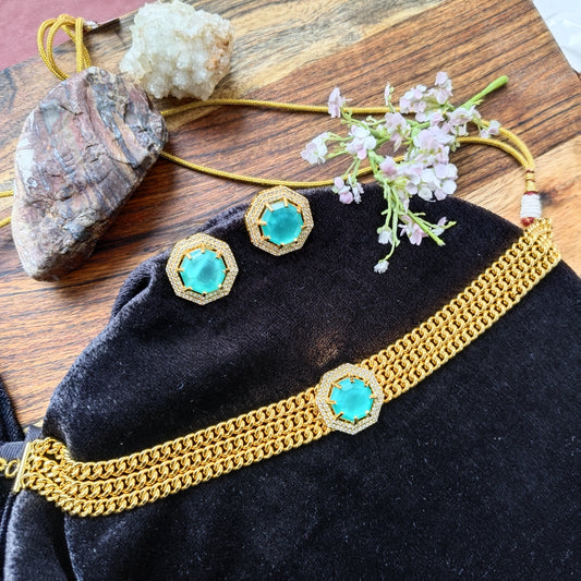 Gold Choker Necklace Set with Emerald Green Stone | Modern Designer Jewellery Set