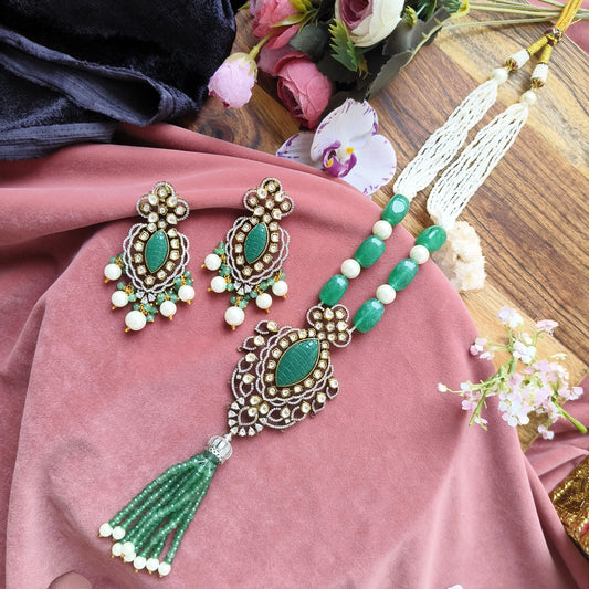 Emerald Green Tassel Necklace Set with Kundan & Pearls | Statement Bridal Jewellery