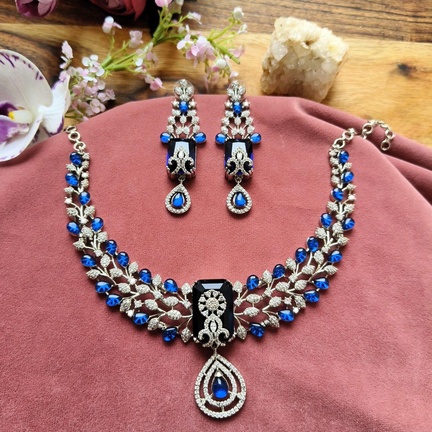 Royal Blue Bridal Necklace Set | Silver CZ Wedding Jewelry for Women