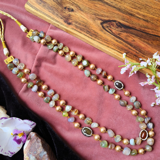 Ethnic Stone Beaded Long Necklace | Handcrafted Dual-Layer Mala with Kundan Work