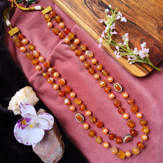 Rust Orange Beaded Necklace | Dual-Layer Festive Mala with Kundan Work