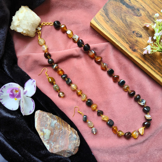 Natural Stone Necklace Set | Earth-Tone Polished Beads with Earrings