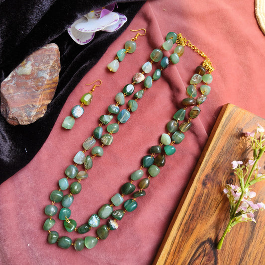 Dual Layer Green Beaded Necklace Set | Natural Stone Jewelry for Women