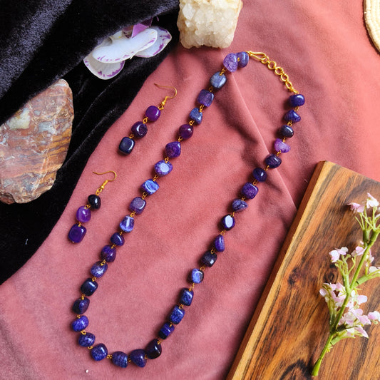 Purple Natural Stone Necklace Set – Handcrafted Polished Beads with Matching Earrings