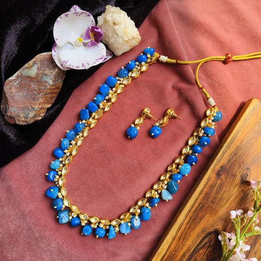 Royal Blue Stone Kundan Necklace Set – Traditional Beads with Earrings