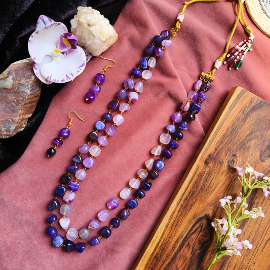 Purple & White Beaded Layered Necklace Set – Dual Strand with Earrings